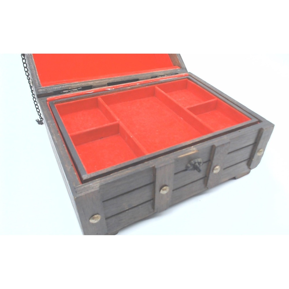 Rustic Wooden Jewelry Box W/ Metal Fittings Felt Interior Compartments Chest F32